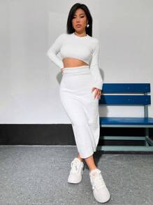 SHEIN Unity Women's Plush Cropped Top And High Slit Skirt Two Piece Set - White - View 4