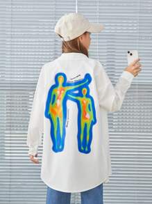 SHEIN 女童梭織熱成像印花寬鬆休閒襯衫 - 白色 - 查看 1