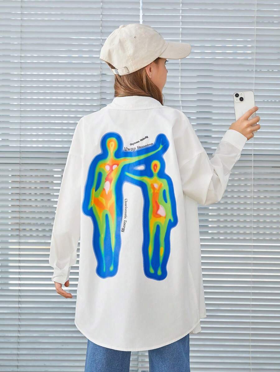 SHEIN 女童梭織熱成像印花寬鬆休閒襯衫 - 白色 - 查看 1