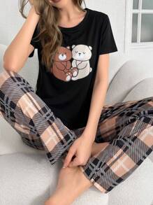 女士熊印花短袖 T 恤和格子裤睡衣套装睡衣套装 - 彩色 - 查看 1
