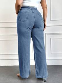 EURMUSE Plus Size  High Waist Straight Leg Jeans - Navy Blue - View 2