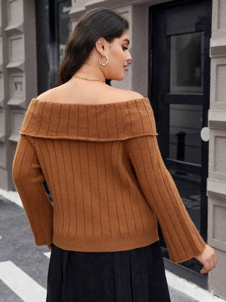 Women's Plus Size Solid Color Open Shoulder Ribbed Sweater, Knitted Fall Winter