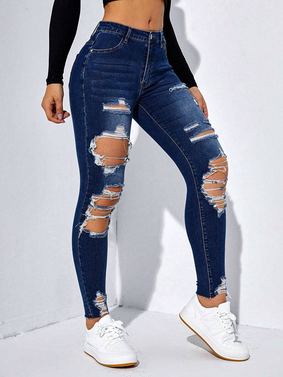SHEIN ICON Women's Skinny Ripped Jeans - Dark Wash - View 1