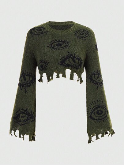 Grunge Punk Eyeball Print Thermal Lined Flared Sleeve Crop Sweater With Raw Hem