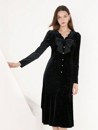  GOELIA Women'S Removable Bowknot Velvet Long Sleeve Black Dress With Fine Glitter