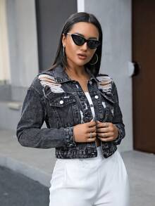 Chaqueta Corta De Mezclilla Para Mujer Con Rasgaduras - Negro - Ver 3