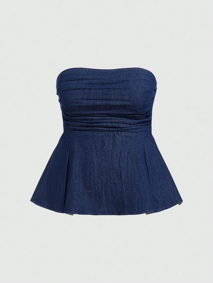 SHEIN Privé Của phụ nữ Kích thước lớn Xù Quây Tops Denim - Màu xanh lam - Xem 1
