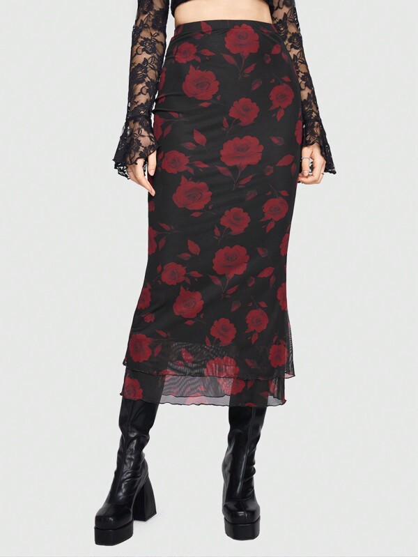 Sweetness Damen Rock aus Netzstoff mit Blumenmuster