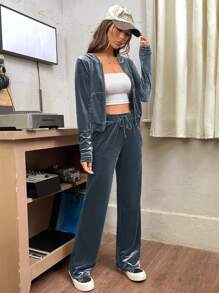 SHEIN EZwear Back Letter Embroidery Velvet Tracksuit - Grey - View 4