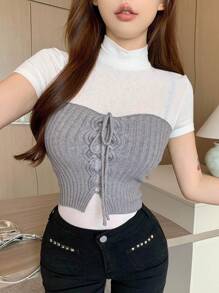 Dazy Star 女士前結綁帶針織無肩帶上衣 - 灰色 - 查看 1