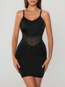 Vestido ajustado de mujer con tirantes de espagueti y malla de contraste - Negro - Ver 3