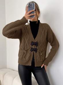 RueChic Twisted Knit Cardigan With Bow Knot Detail - Camel - View 4