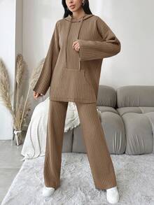 EURMUSE Kvinnors Enfärgad Huva Stickad Tröja 2st/set