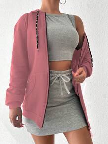 SHEIN Cottnline 女款純色拉鍊寬鬆休閒衛衣 - 淺粉色 - 查看 3