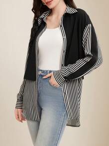 EMERY ROSE Striped Patchwork Drop Shoulder Shirt,Long Sleeve Tops Fall Cloth For Women