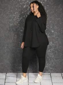 SHEIN CURVE+ Women's Plus Size Solid Color Drawstring Hooded Two Piece Set - Black - View 2