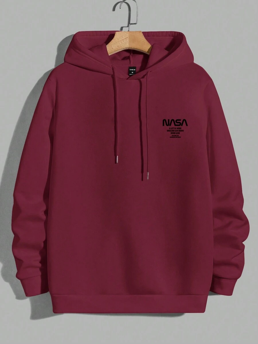EURMUSE Men's Slogan Printed Hooded Drawstring Fleece Sweatshirt - Burgundy - View 1