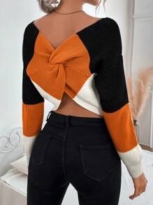 VaVaBold Jersey de punto con hombros descubiertos y espalda contrastante, tops de manga larga