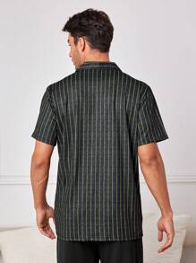 男士紐扣前條紋休閒服上衣 - 黑色 - 查看 2