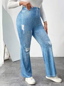 SHEIN Essnce Women's Plus-Size Printed Flare Pants, Denim Effect - Blue - View 1