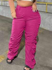 SHEIN SXY 大尺碼百褶高腰褲子 - 玫紅色 - 查看 4