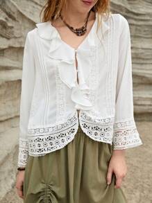 SHEIN VCAY 女式蕾絲拼接荷葉邊襯衫 - 白色 - 查看 1