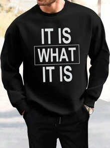 Men's Round Neck Fleece Sweatshirt With Slogan Print - Black - View 1