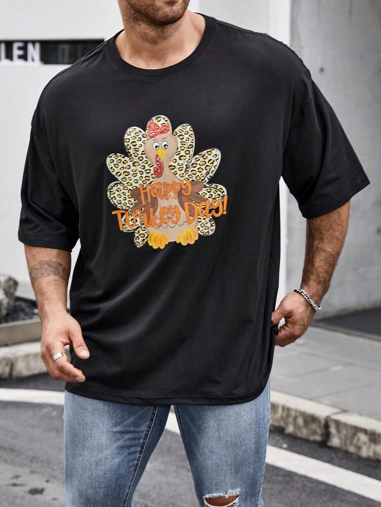 Men Plus Size Loose Fit Cartoon Printed T-Shirt