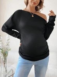 SHEIN Camiseta De Maternidad Con Hombro Oblicuo Y Fruncido - Negro - Ver 6