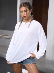 INAWLY Drop Shoulder Oversized Solid Tee - White - View 4