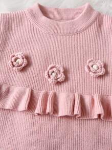 SHEIN Little Girls' Round Neck Sweater With 3d Flowers And Ruffle Hem - Pink - View 4