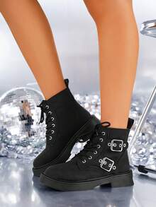 Winter Women's New Style Thermal Lined Warm Black Belt Buckle Decorated High Heel Boots With Chunky Sole And Ankle Boots - Black - View 1