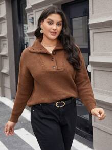 SHEIN Franclia Plus Size Solid Color Cardigan With Front Button Closure And Drop Shoulder Design - Brown - View 6