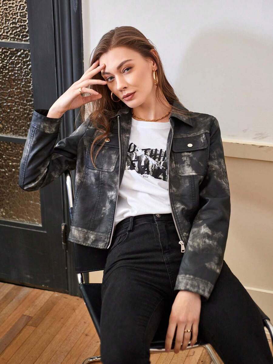 Anewsta Women's Tie-dye Zipper Open Front Flap Pocket Jacket - Black - View 1