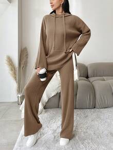 EURMUSE Kvinnors Enfärgad Huva Stickad Tröja 2st/set