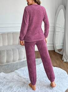 RueChic Cartoon & Letter Embroidery Flannel PJ Set - Dusty Pink - View 2