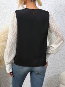 SHEIN Clasi Cutout Collar Patchwork Lantern Sleeve Shirt