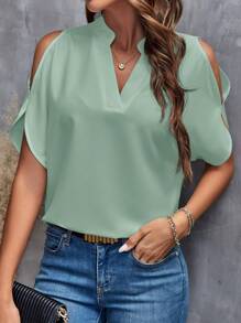 SHEIN Clasi 女士中空露肩純色襯衫 - 薄荷綠 - 查看 5