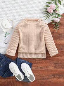 SHEIN Boys' Simple Round Neck Pullover Sweater With Buttons, Autumn And Winter - Apricot - View 1