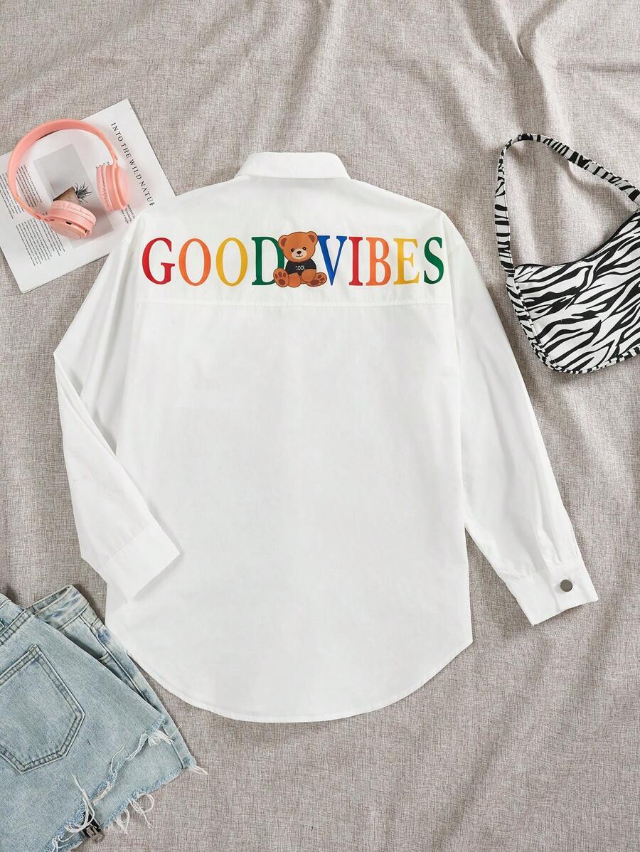 SHEIN EZwear 女用泰迪熊字母印花襯衫 - 白色 - 查看 1