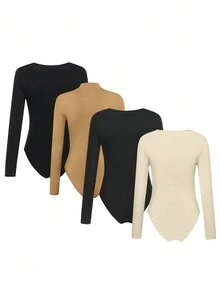 SHEIN LUNE 女士固色肋紋長袖連身衣 - 彩色 - 查看 2