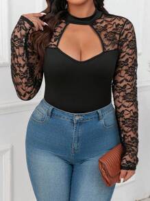 Calvaya Plus Size Lace & Mesh Panel Soft Knit Stand Collar Bodysuit, Suitable For Evening Parties & Going Out
