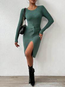 Chiquease Women's Solid Color Round Neck Ribbed Knit Twisted Split Sweater Dress - Green - View 4