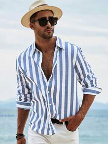 Men Striped Print Shirt - Blue - View 1