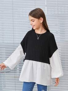 SHEIN Girls' Knitted Color Block Loose Fit Casual 2 in 1 Shirt - Black and White - View 3