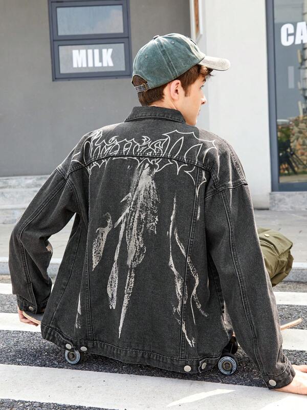 SHEIN Teenage Boys' Denim Jacket With Letter Print