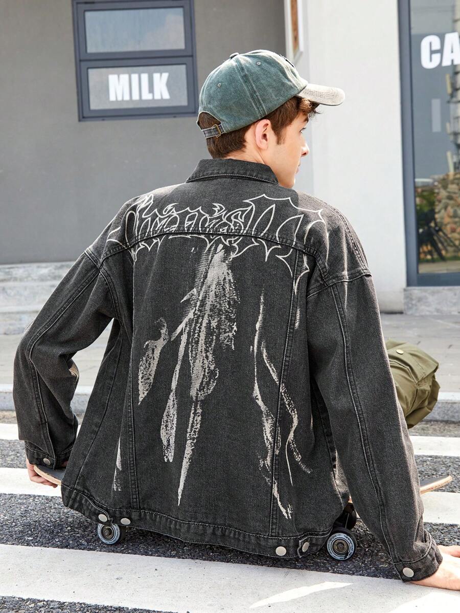 SHEIN 青少年男孩字母印花牛仔外套