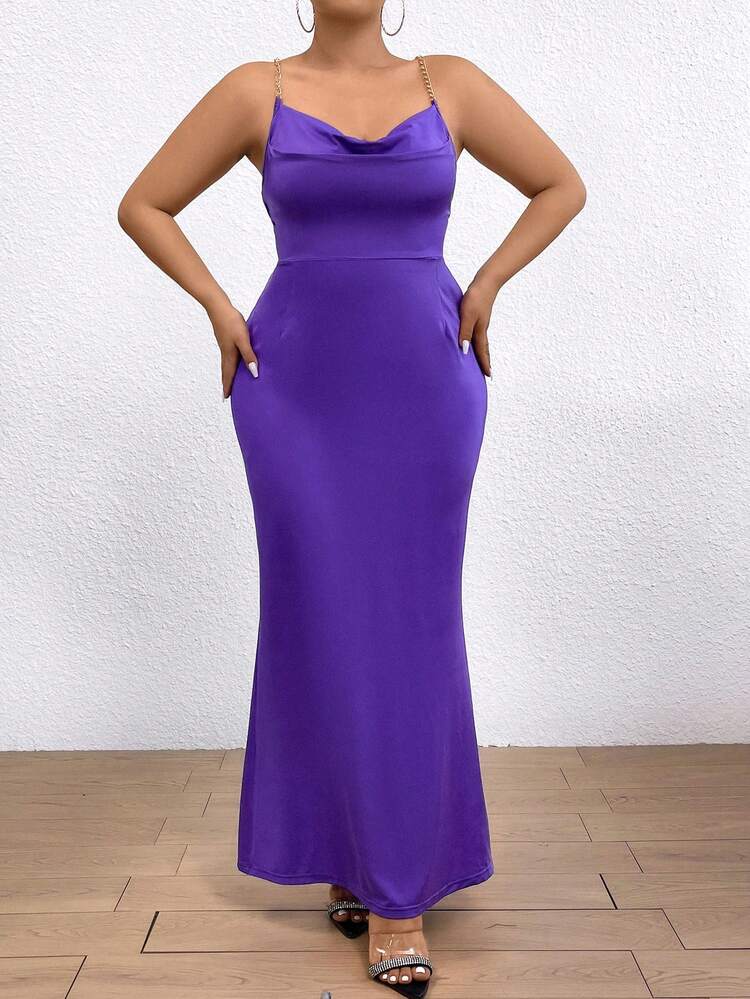 Women'S Plus Size Draped Neck Chain Strap Split Dress