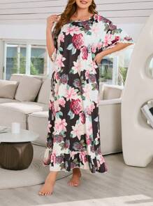 Vestido de pijama con manga tipo murciélago con estampado floral, vestido largo para mujeres de talla grande