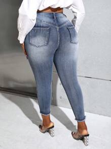 SHEIN Privé Plus Size High Waisted Skinny Jeans With Stone Wash Effect - Blue - View 2